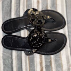 Tory Burch: Miller Sandals in Black Patent Leather- Size 10